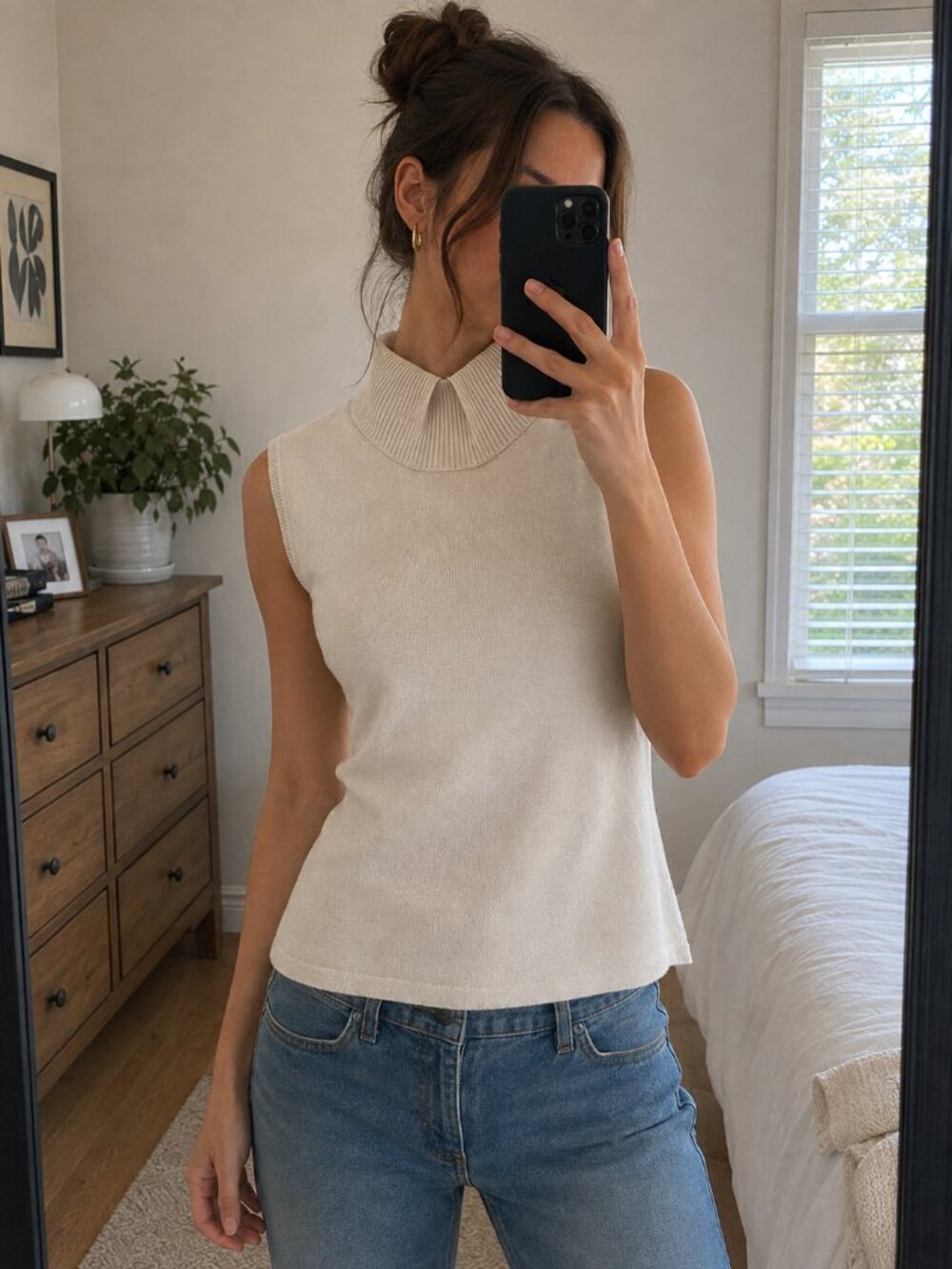Vintage Y2K White Stag Beige Sleeveless Mock Neck Sweater Tank Size Large (12-14